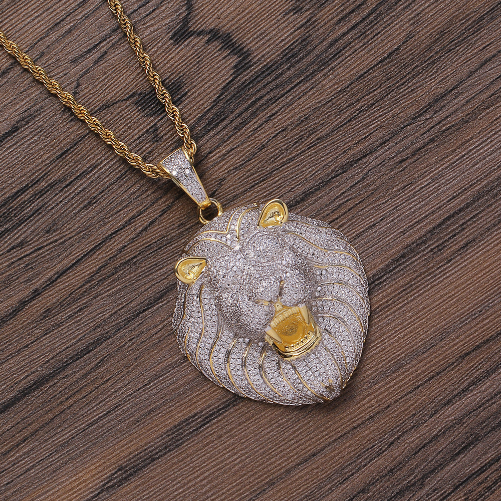 Iced Out Necklace Micro Pave Cubic Zircon Lion Head Pendant Necklace