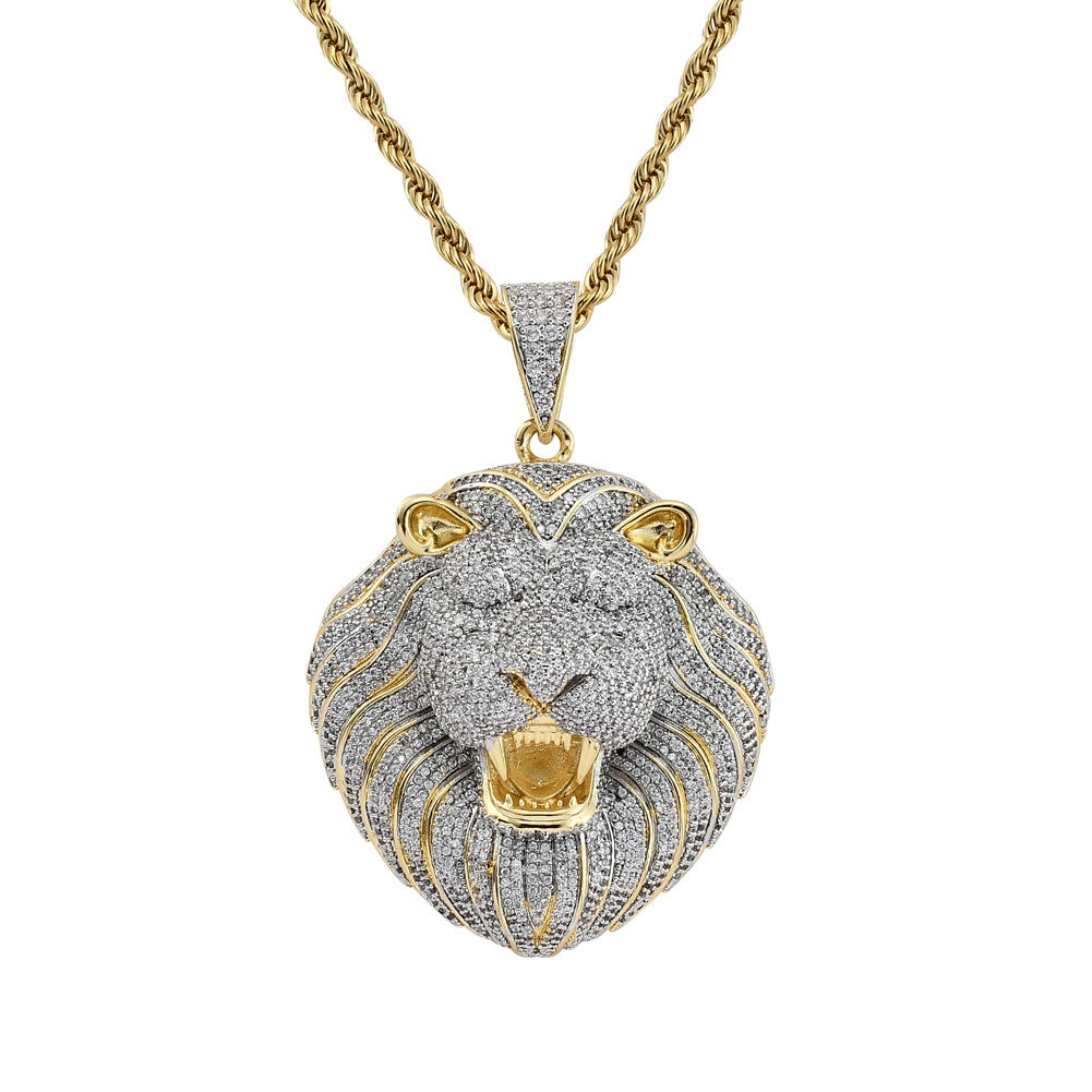Iced Out Necklace Micro Pave Cubic Zircon Lion Head Pendant Necklace